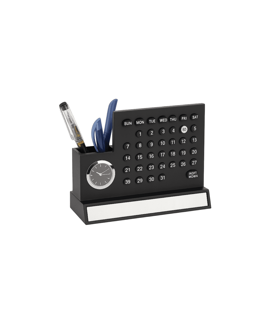 Table Top Calendar Clock All-in-One Tabletop Calendar with Pen Holder & Clock – brandingwrap.com